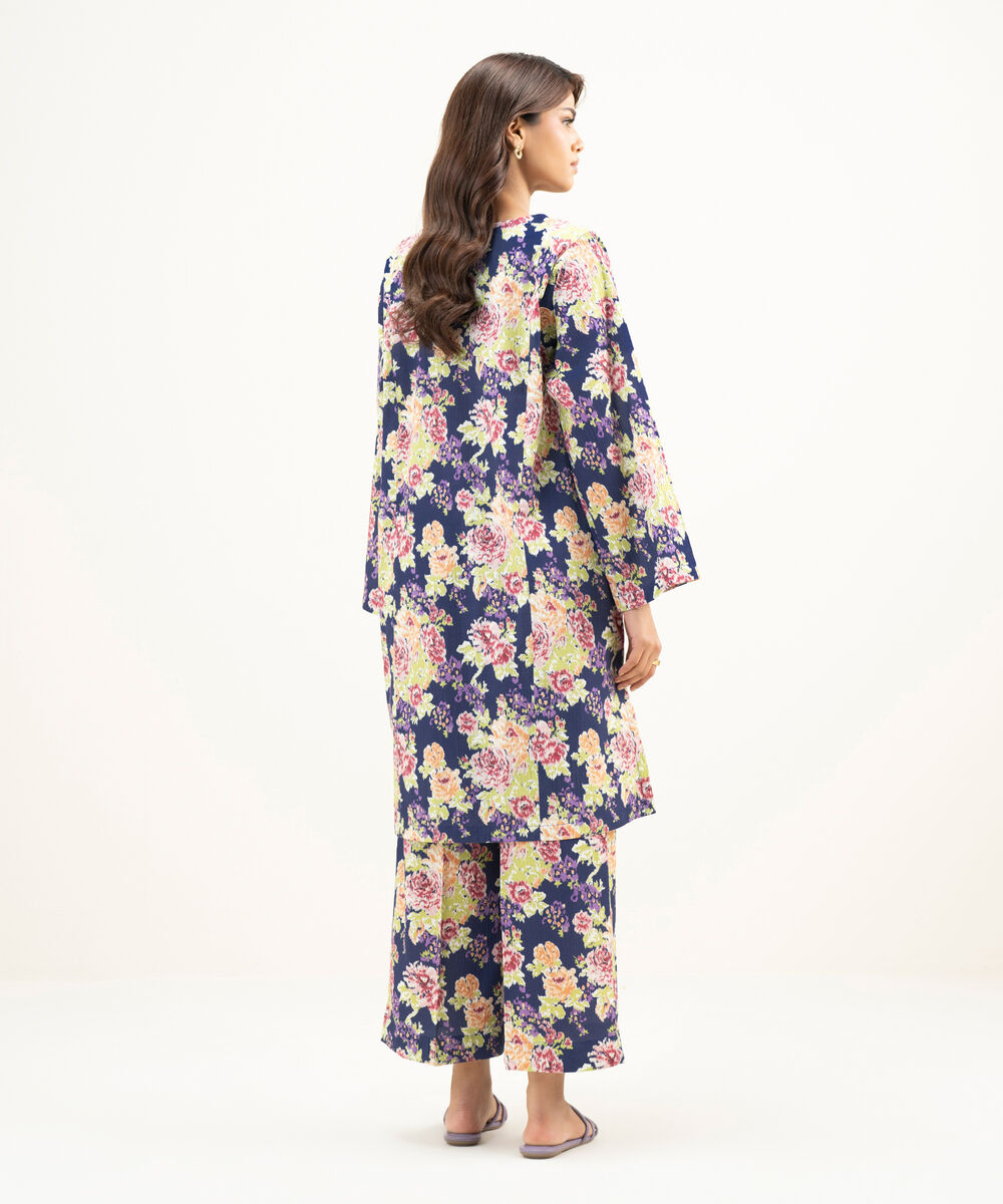 Women's RTW Seersucker Printed Purple Straight Shirt