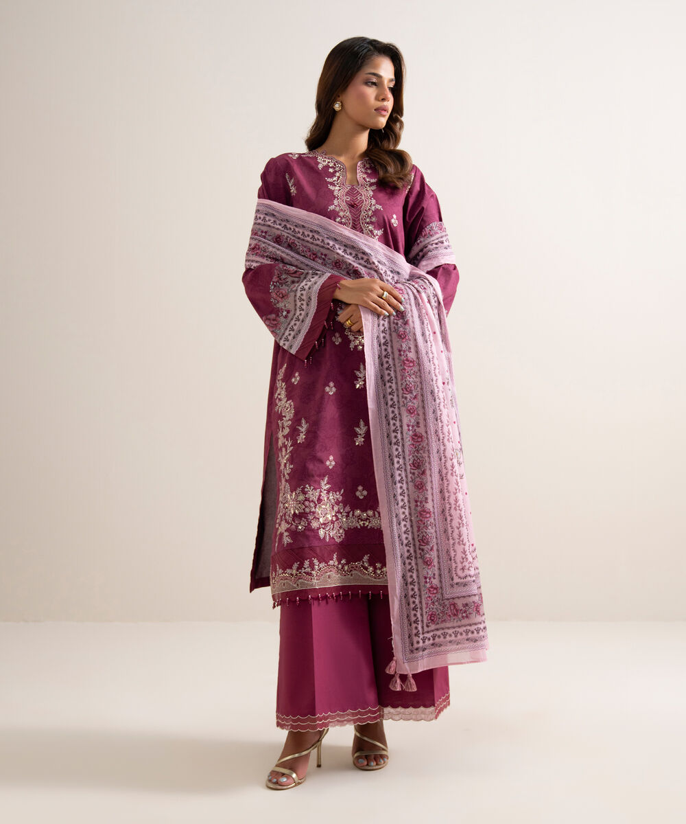 Women's Unstitched Lawn Embroidered Red 3 Piece Suit