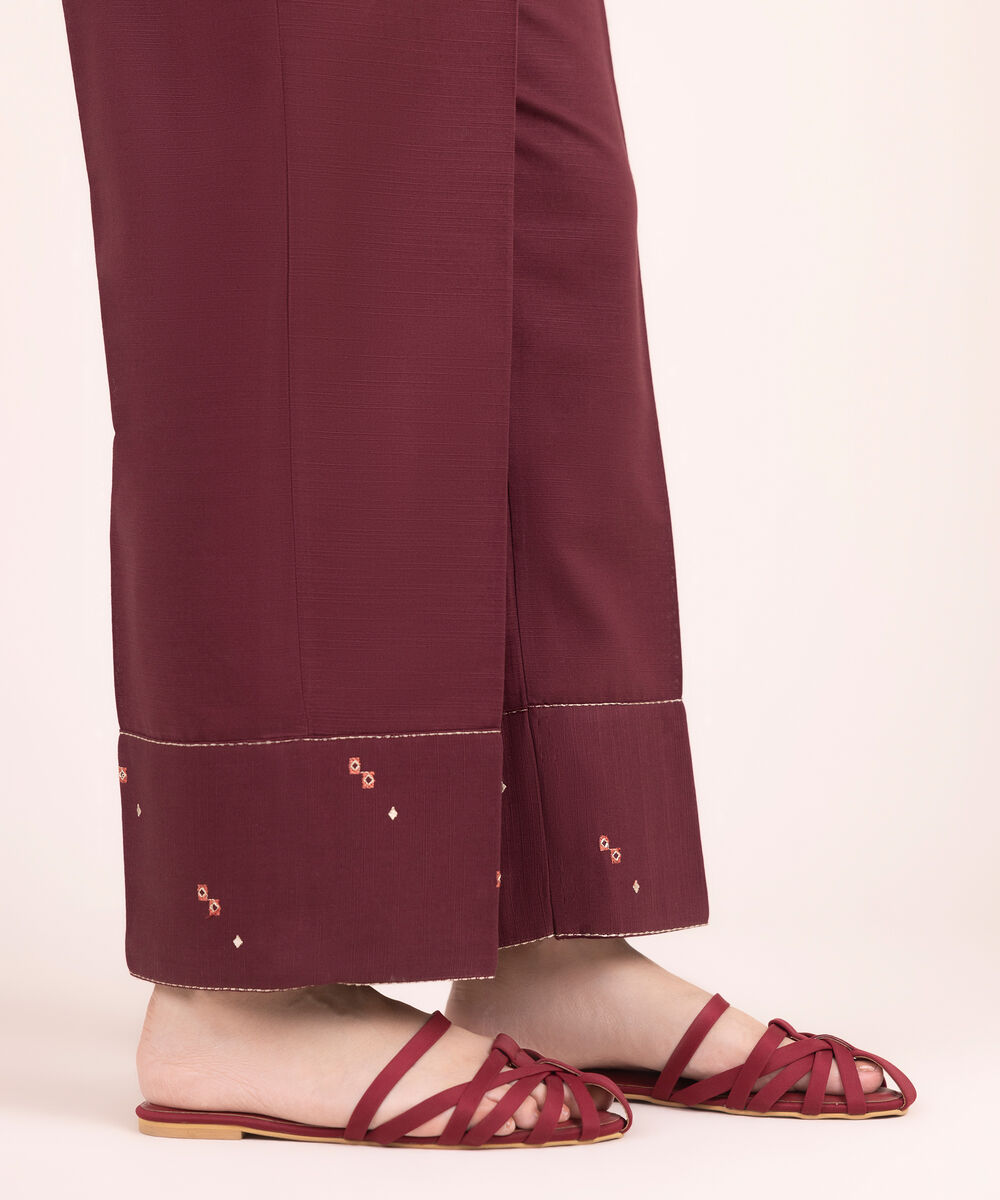 Women's RTW Khaddar Embroidered Brown Straight Pants