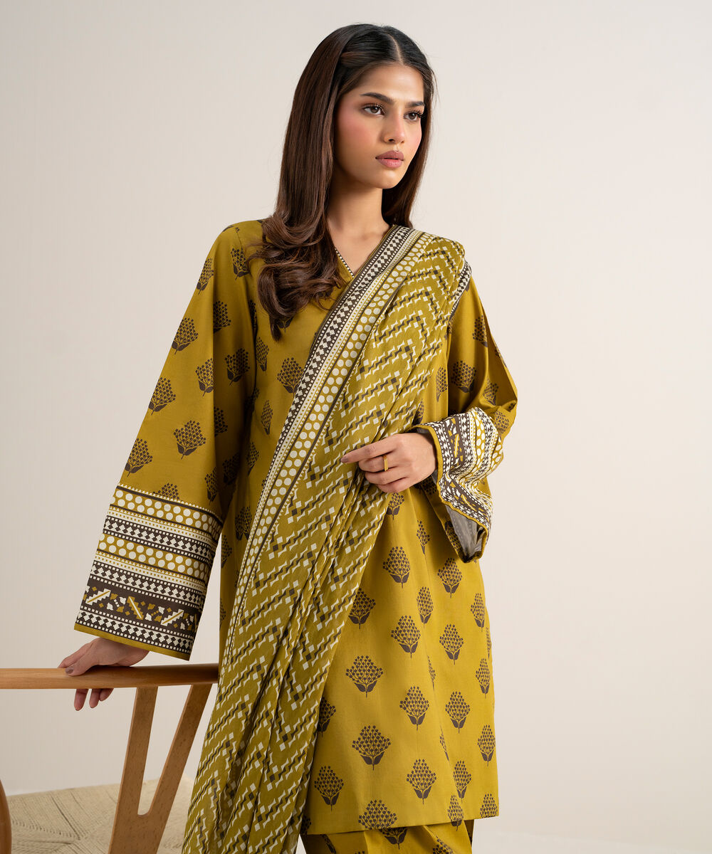 Women's Unstitched Lawn Printed Mustard 3 Piece Suit