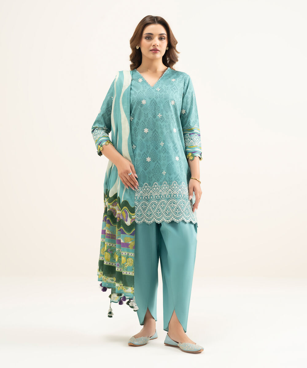 Women's Unstitched Lawn Blue Embroidered 3 Piece Suit
