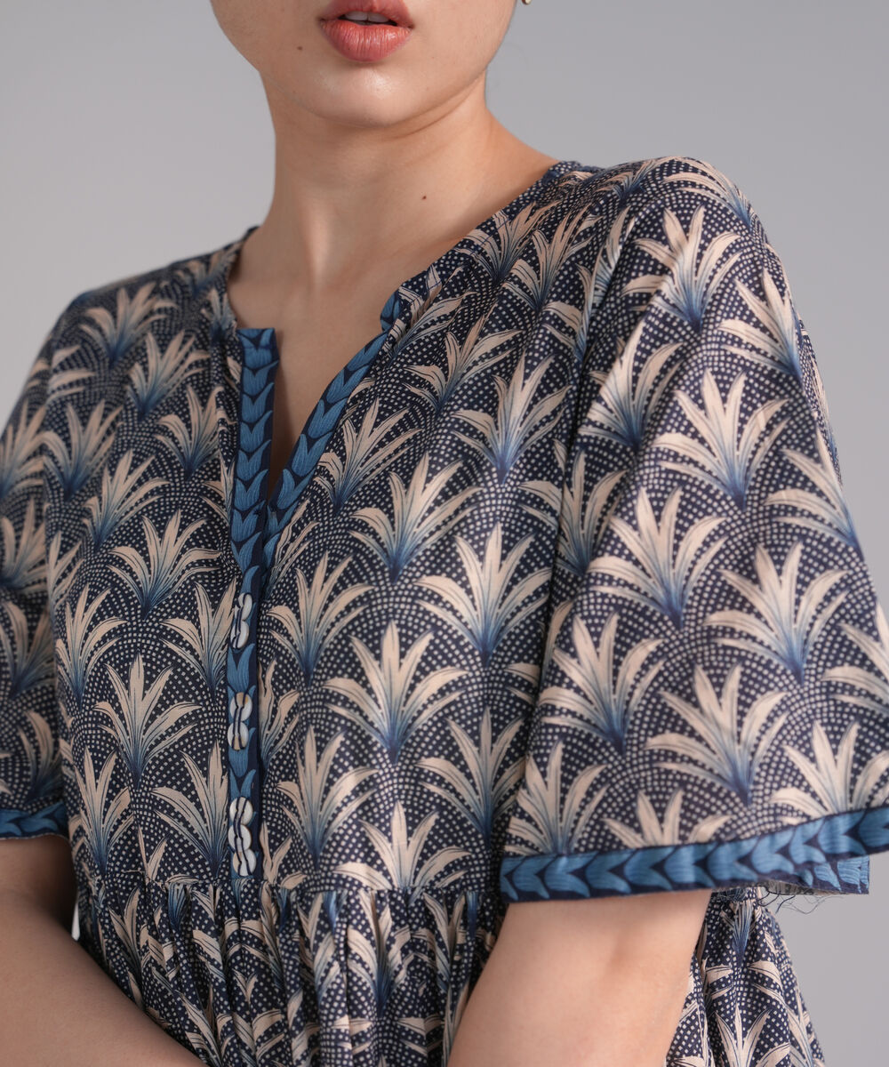 Women's RTW Slub Lawn Printed Dark Blue Dress Shirt