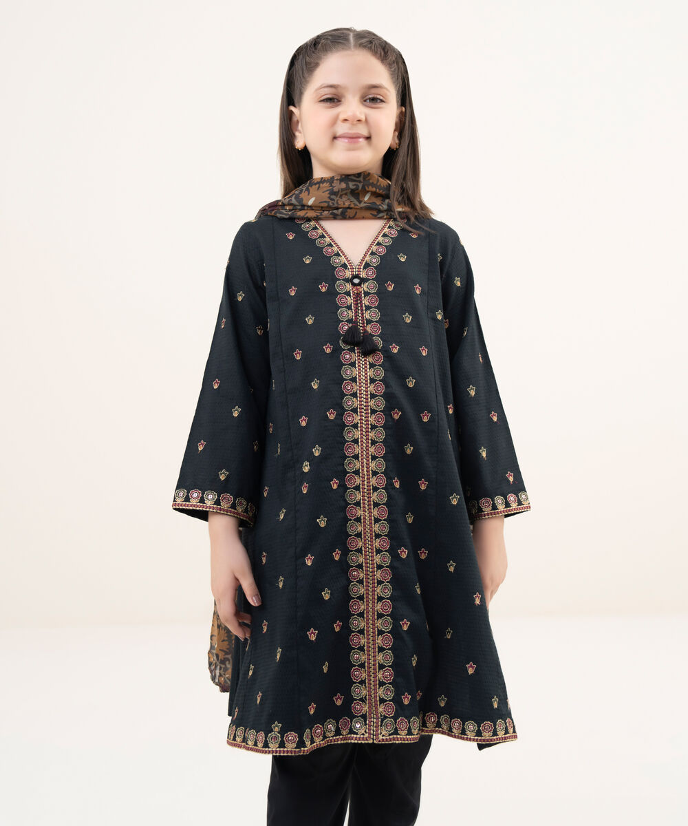 Girls Two Piece Embroidered Textured Lawn Shirt Dupatta