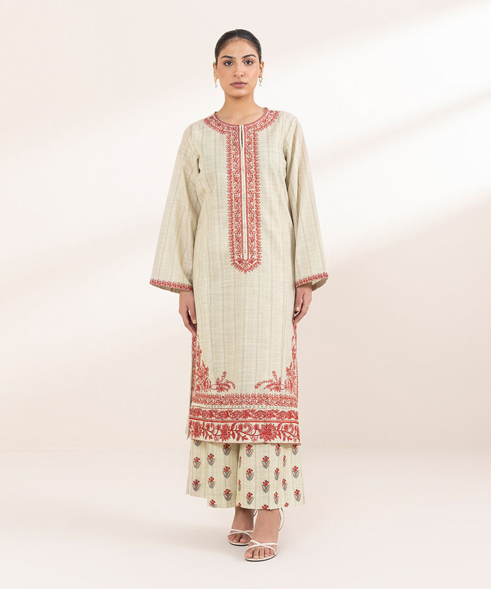 Women's Pret Printed Embroidered Beige Khaddar A Line Shirt