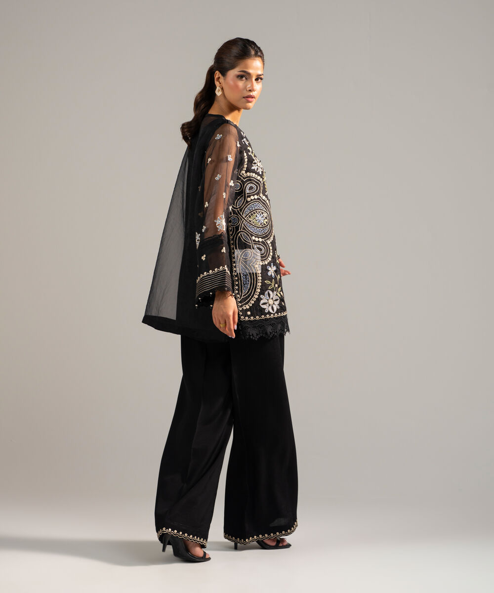 Women's RTW Organza Embroidered Black 2 Piece Suit