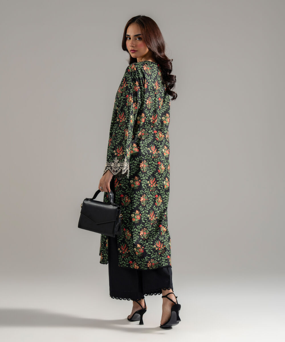 Women's RTW Cotton Viscose Printed Embroidered Black Straight Shirt