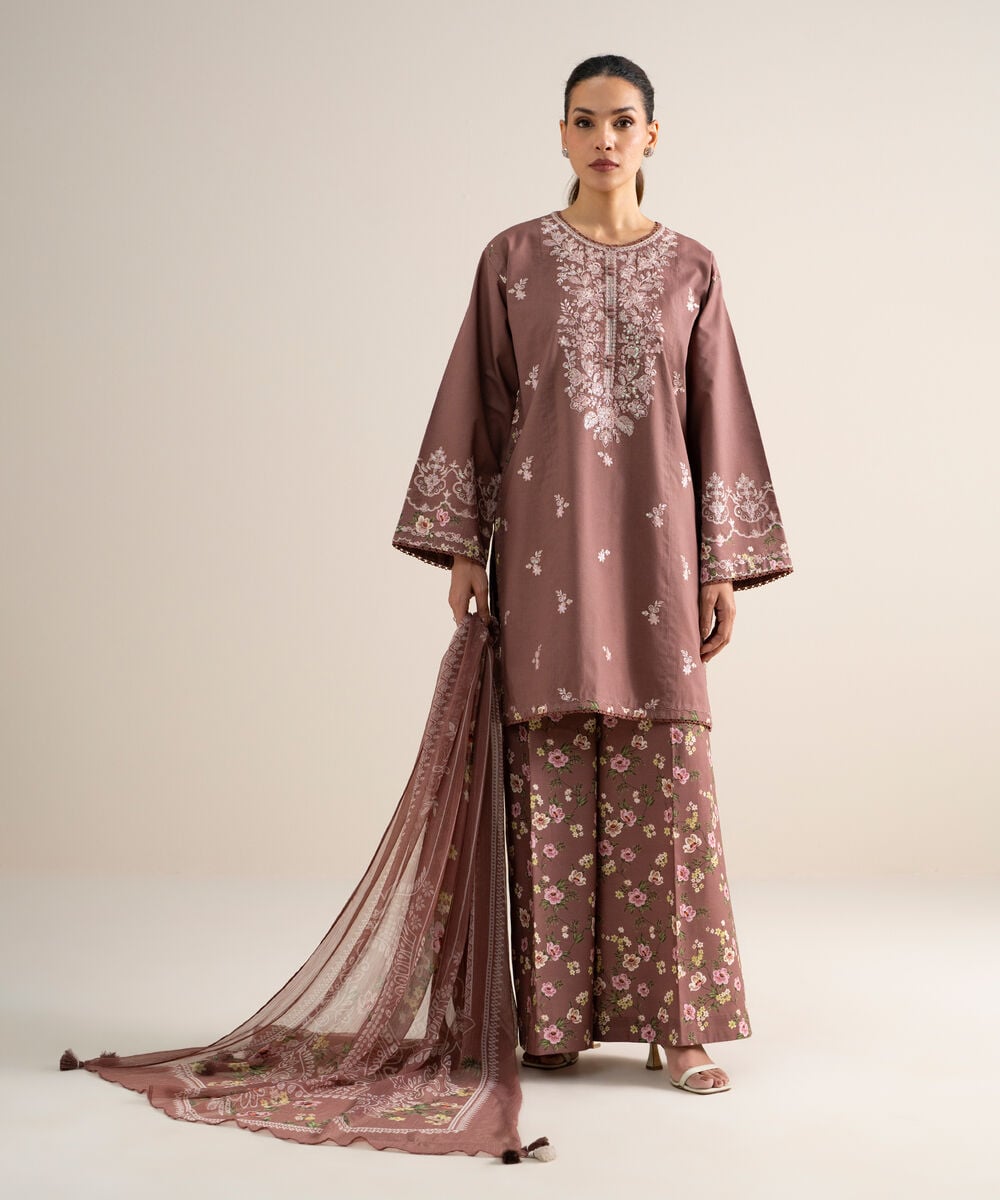 Women's Unstitched Slub Lawn Embroidered Brown 3 Piece Suit