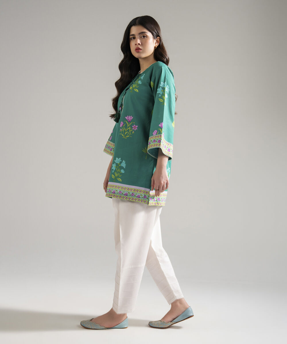 Women's RTW Slub Lawn Printed Green Drop Shoulder Shirt