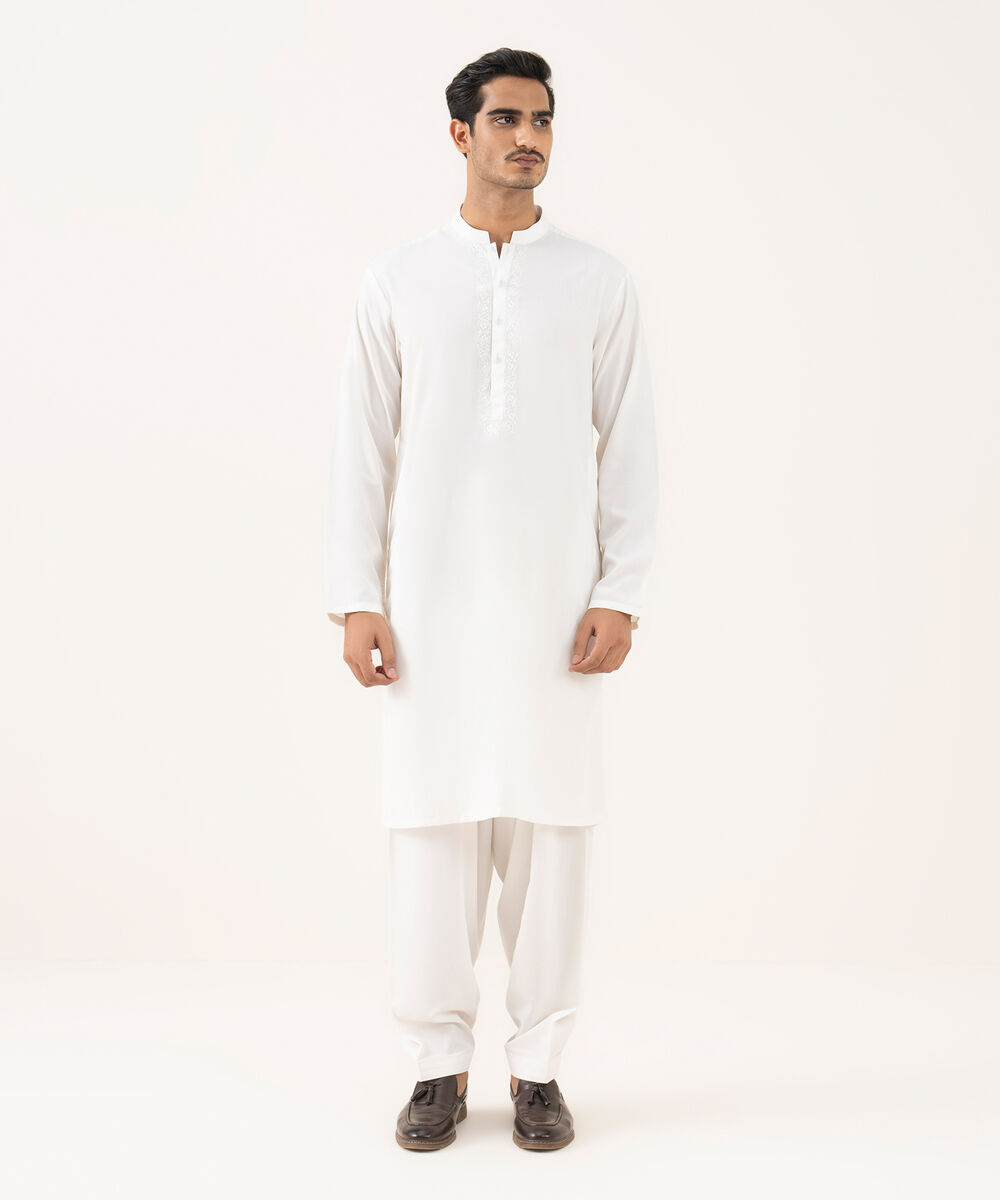 Men's Oxford Embroidered Off-White Kurta Shalwar