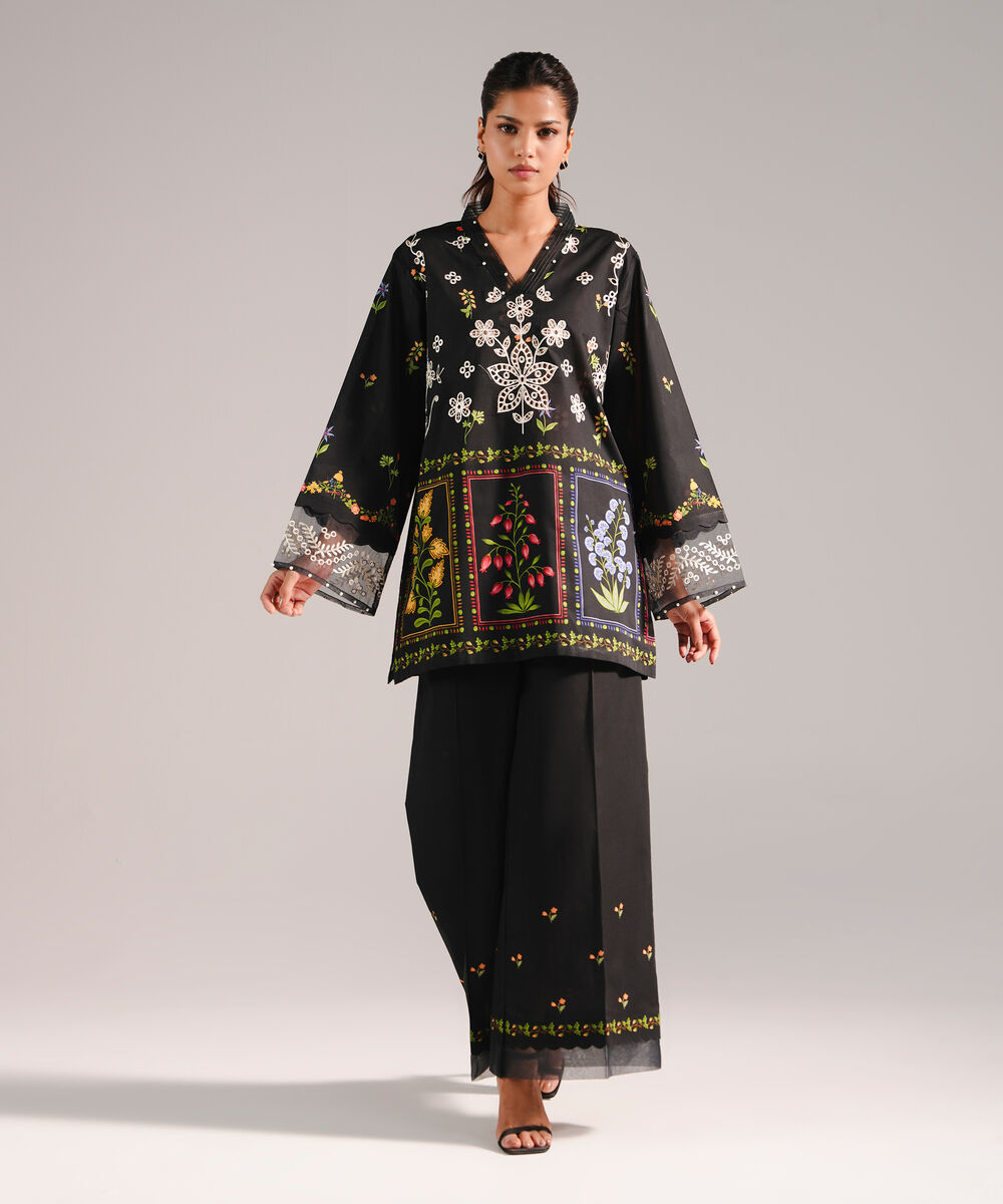 Women's RTW Lawn Embroidered Black Straight Shirt