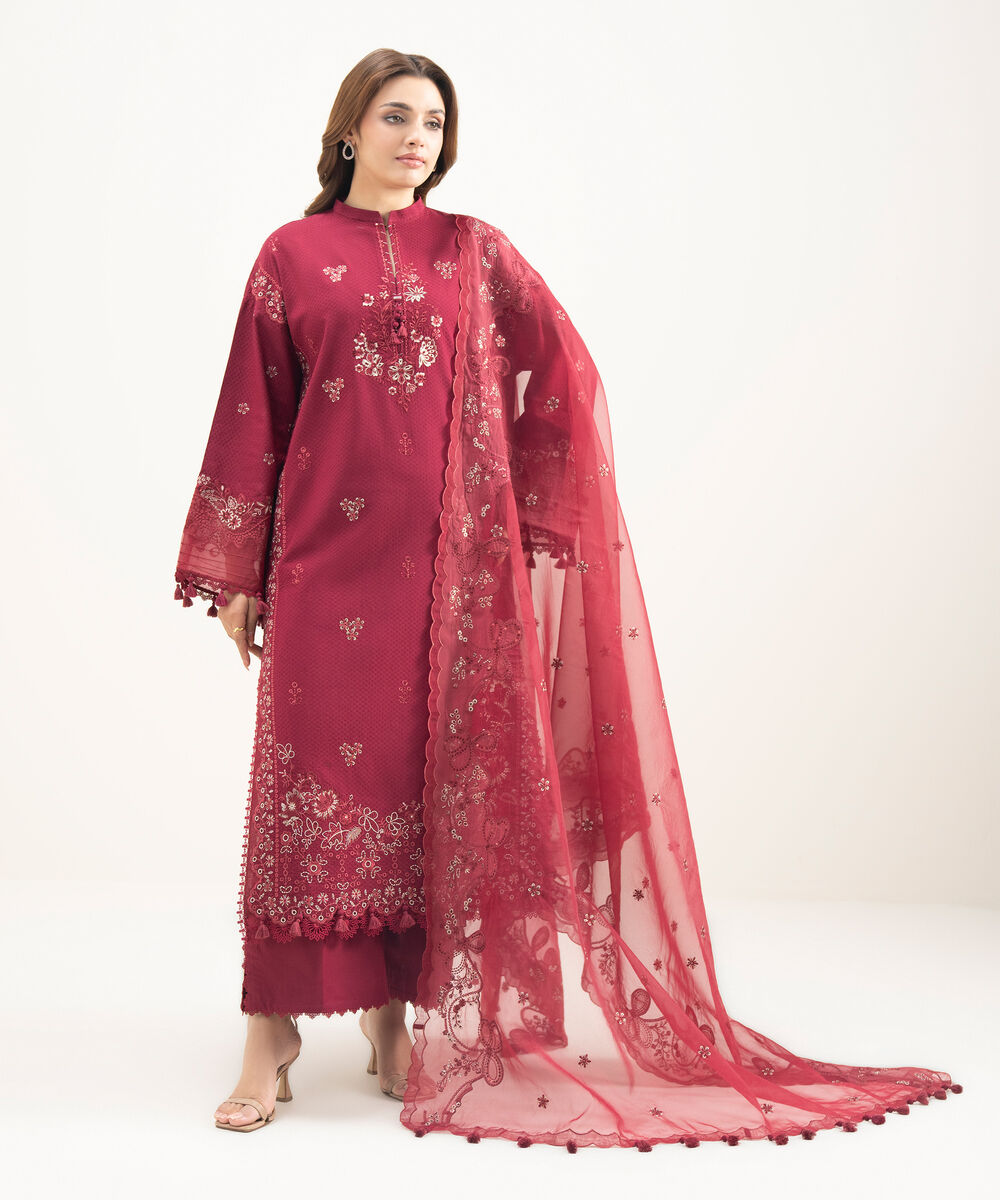 Women's Unstitched Dobby Embroidered Red 3 Piece Suit