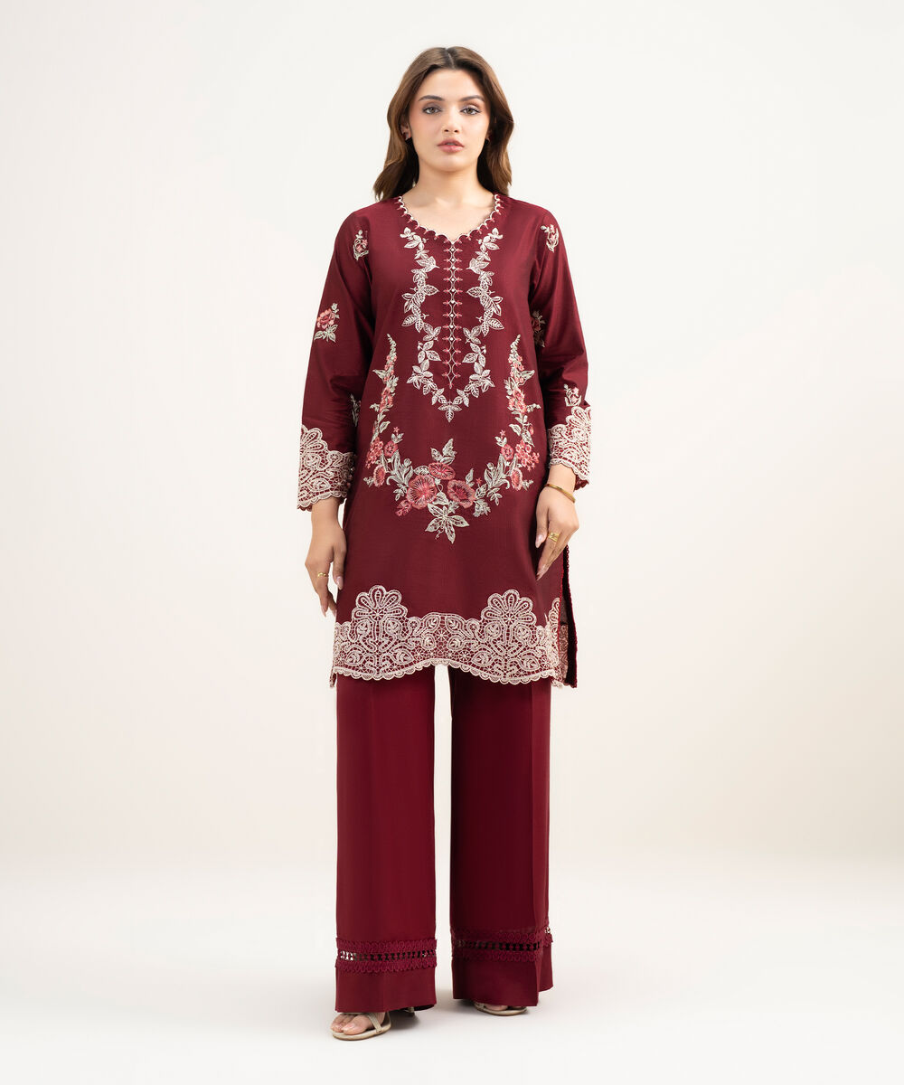 Women's RTW Silk Cotton Net Embroidered Maroon 2 Piece Suit
