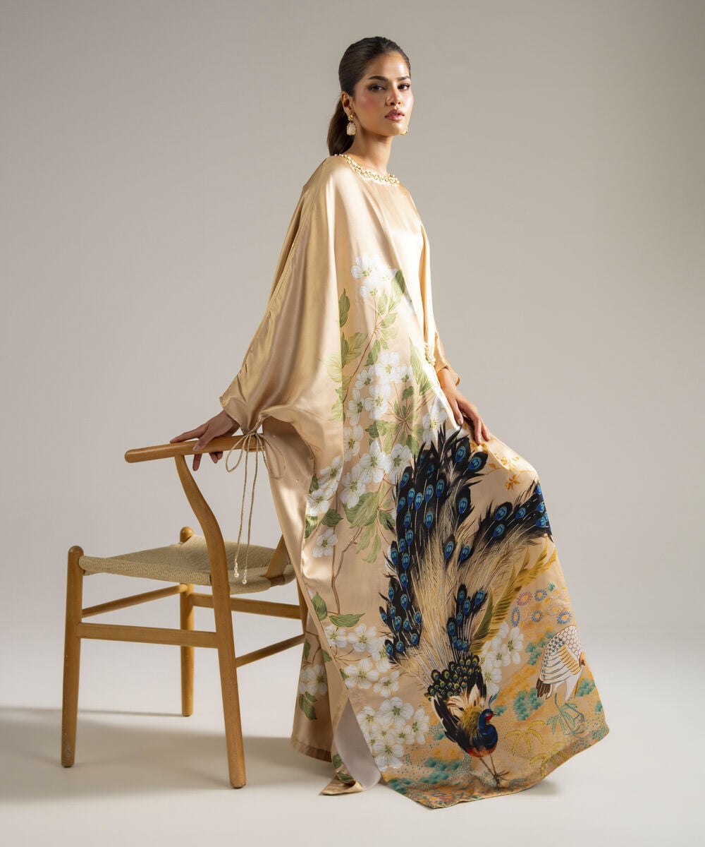 Women's RTW Blended Satin Printed Beige Kaftan