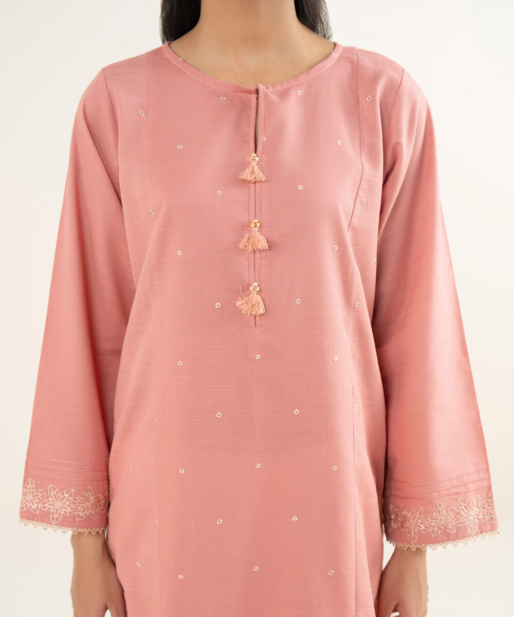 Women's RTW Cotton Embroidered Pink A-Line Shirt