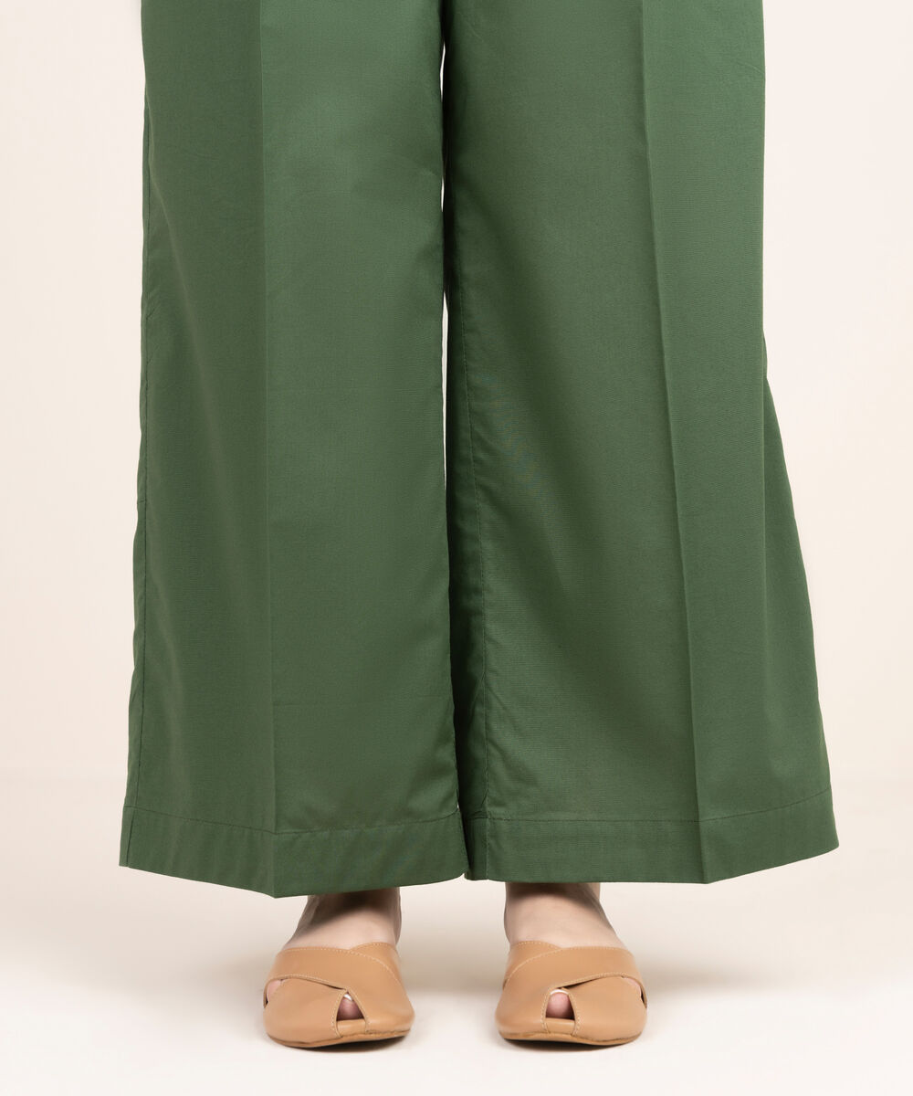 Women's RTW Cotton Solid Green Straight Pants