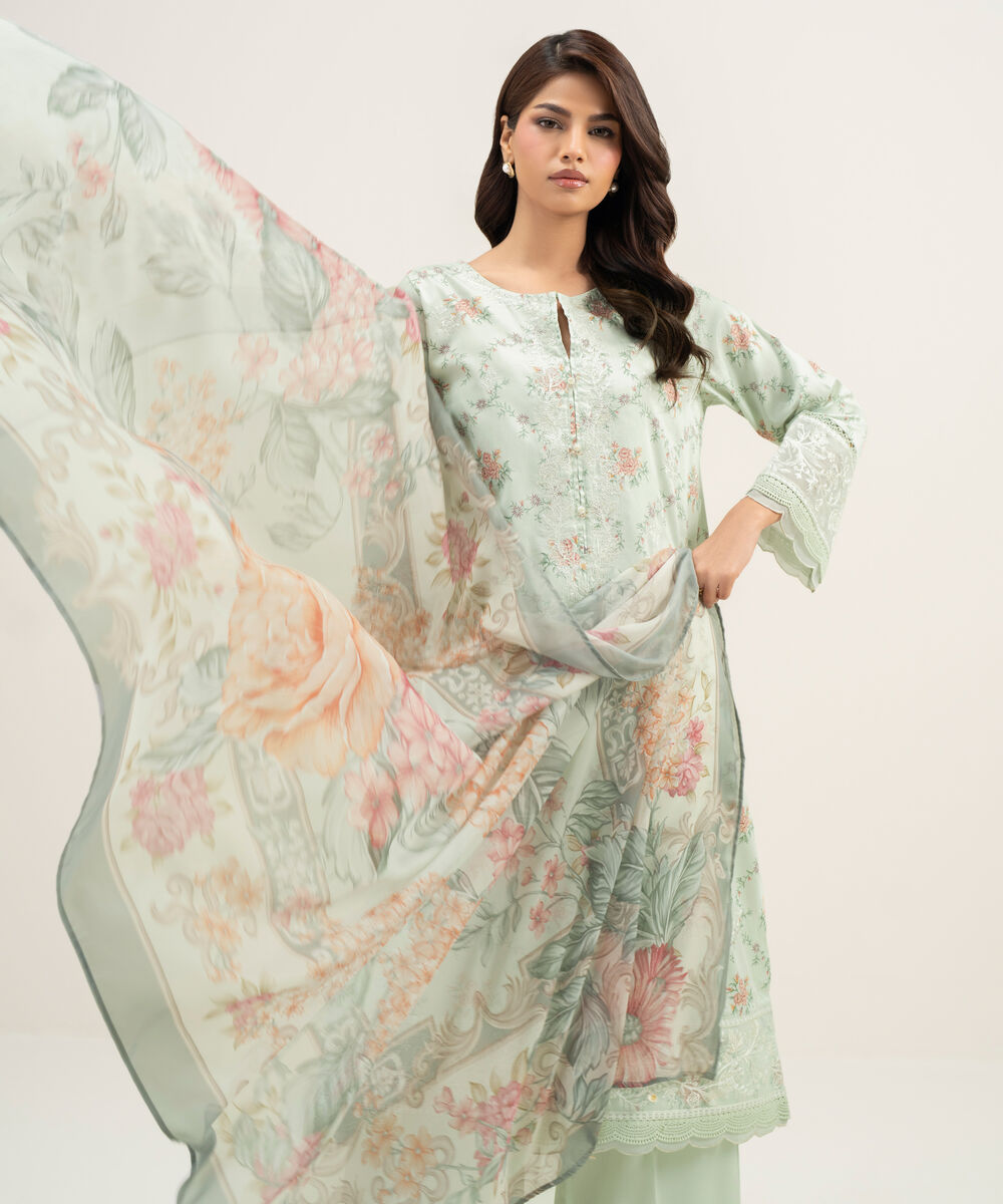 Women's RTW Lawn Embroidered Mint Green 3 Piece Suit