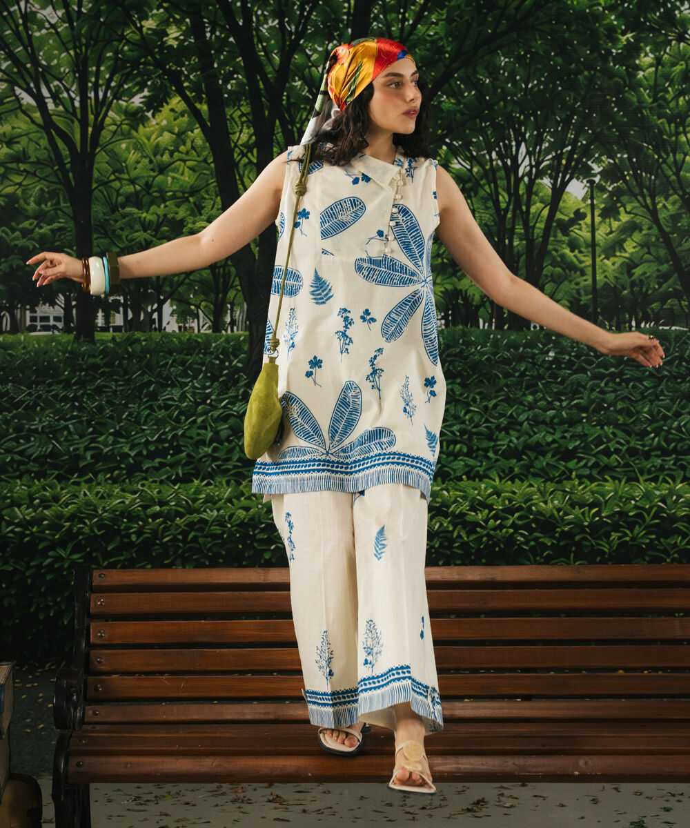 Women's RTW Slub Lawn Printed Off White Straight Shirt