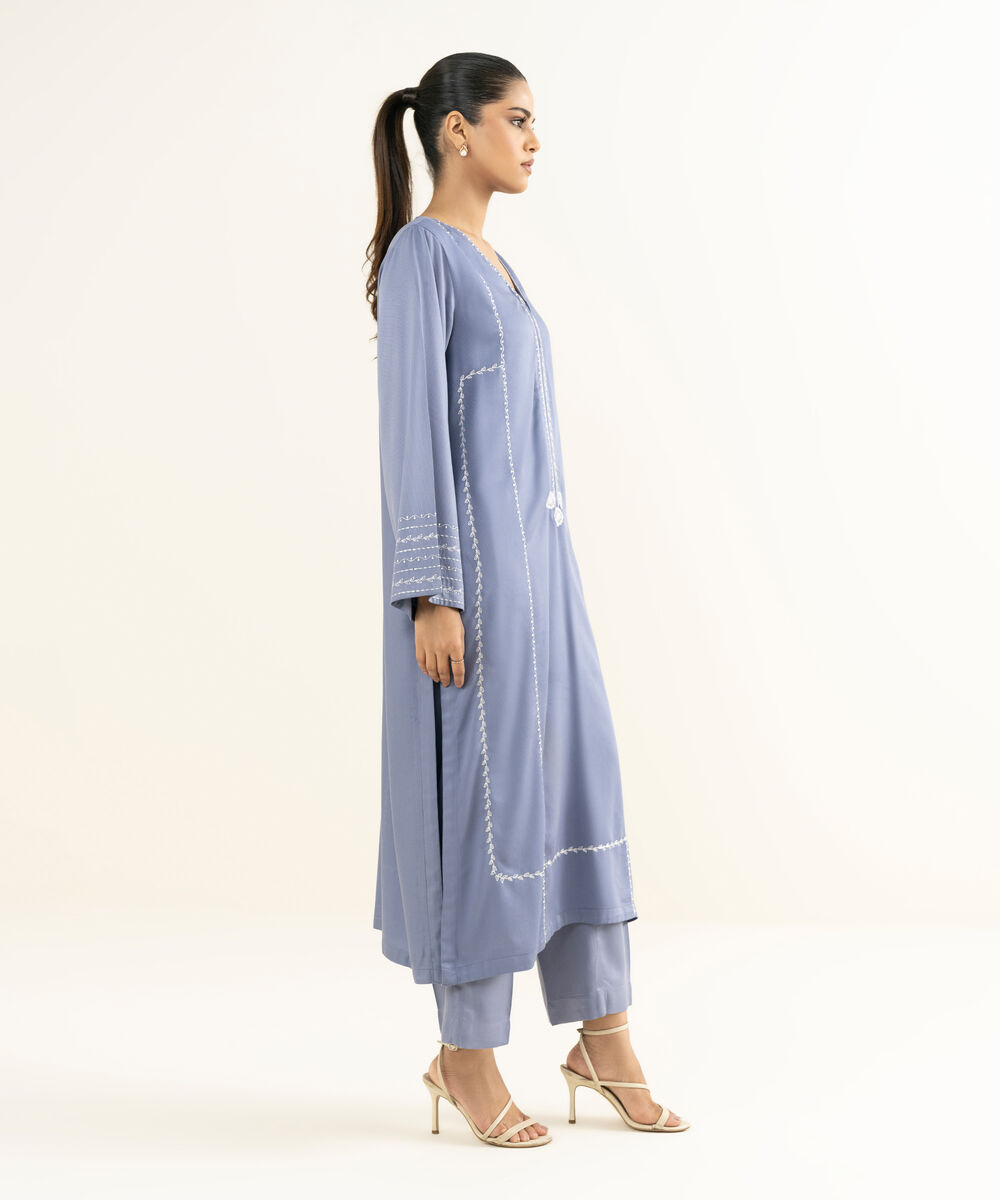 Women's RTW Bedford  Embroidered Blue Straight Shirt
