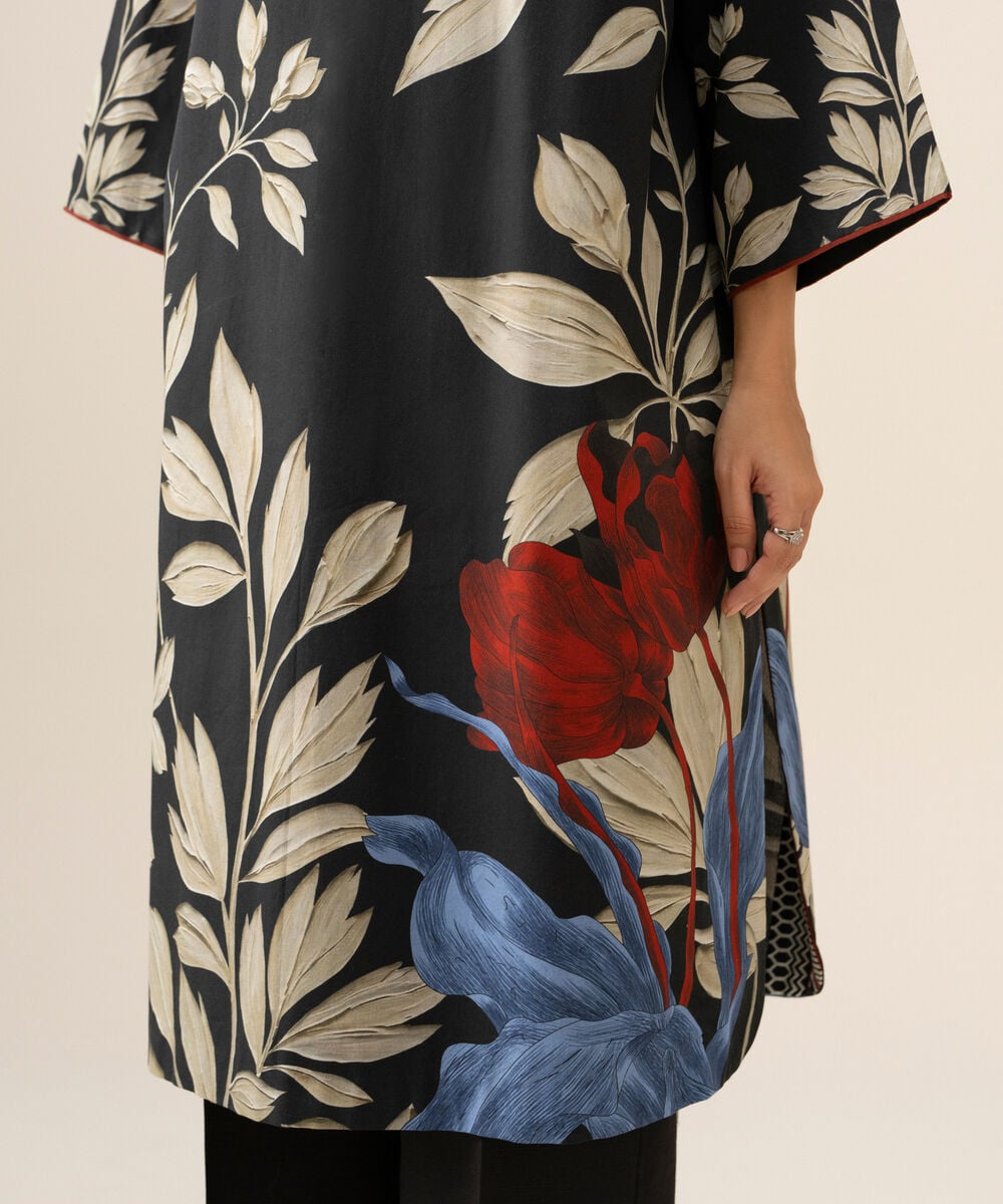 Women's Unstitched Cotton Printed Black 2 Piece Suit