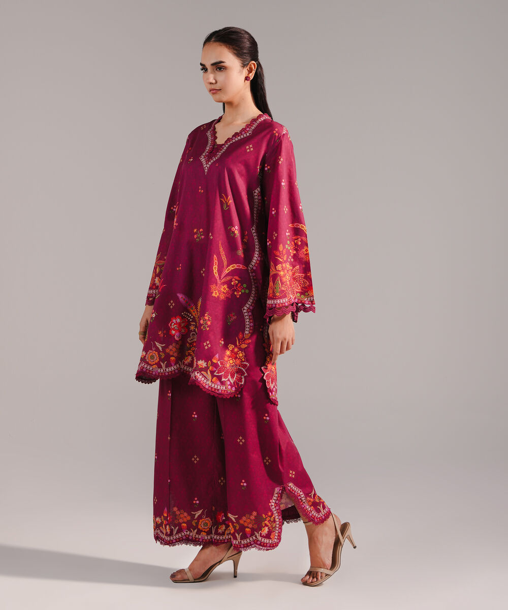 Women's RTW Lawn Printed Plum 2 Piece Suit