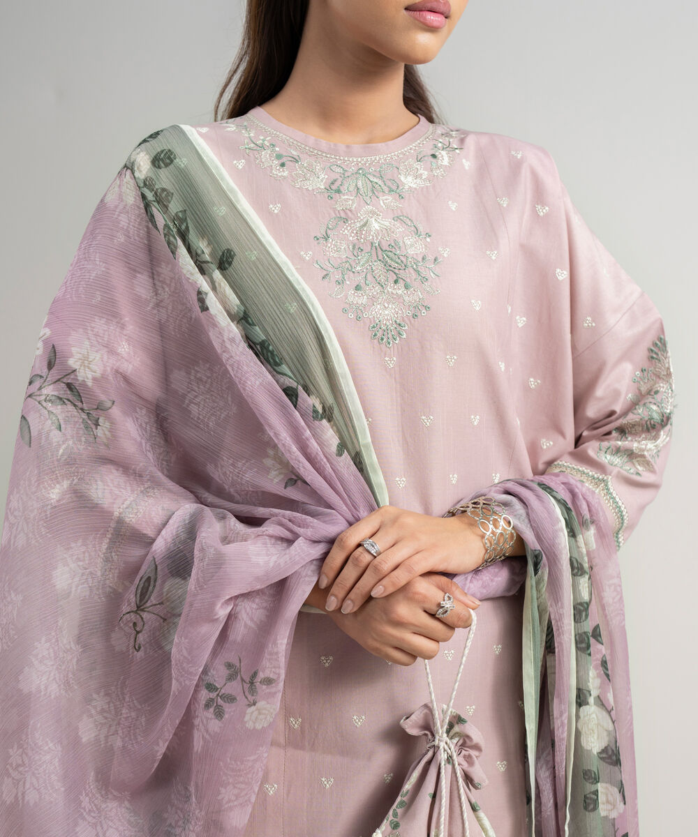 Women's Unstitched Textured Lawn Embroidered Pink  3 Piece Suit