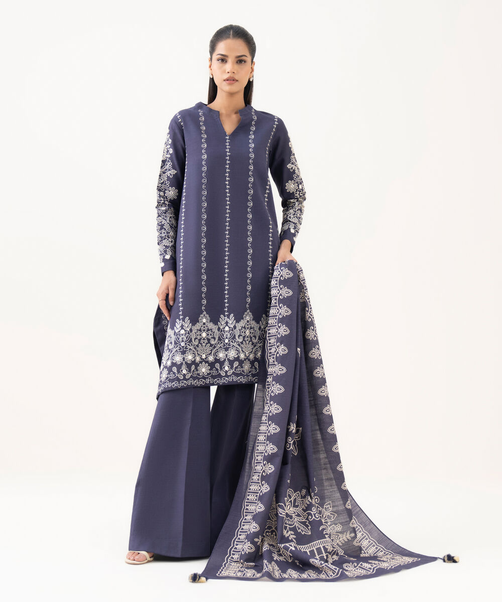 Women's Unstitched Light Khaddar Embroidered Blue 3 Piece Suit