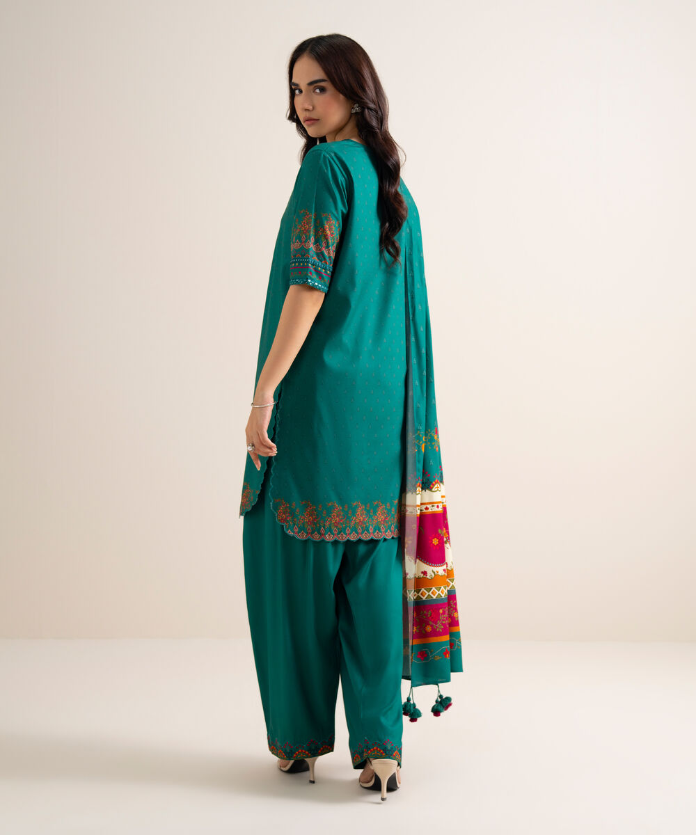Women's Unstitched Embroidered Linen Teal Green 3 Piece Suit