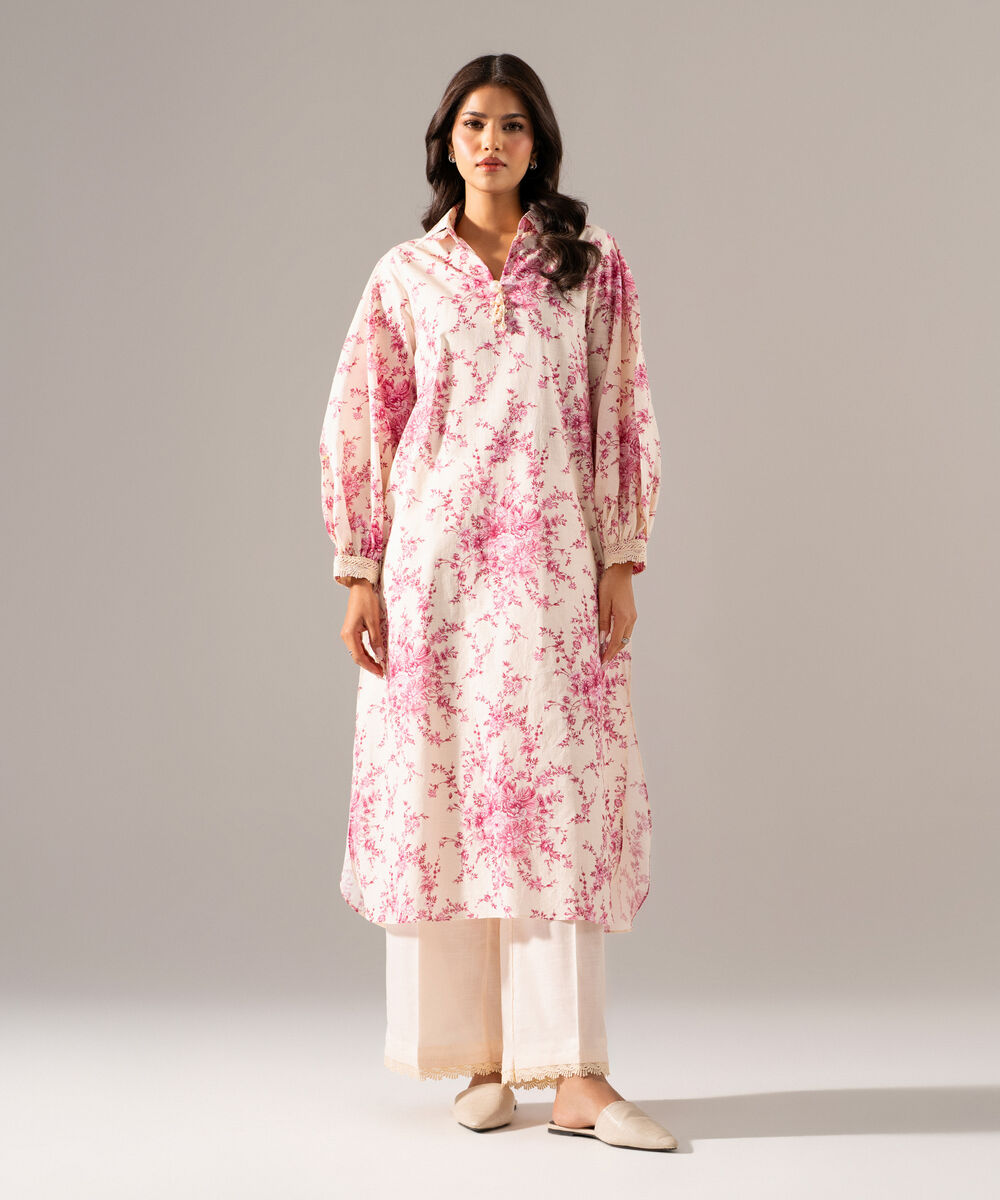 Women's RTW Cross Hatch Printed Off White Straight Shirt