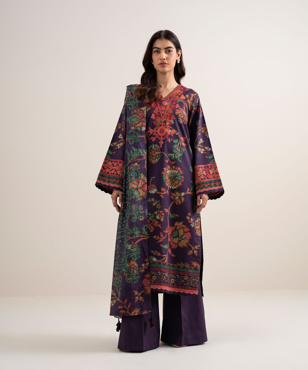 Women's Unstitched Lawn Embroidered Purple 3 Piece Suit