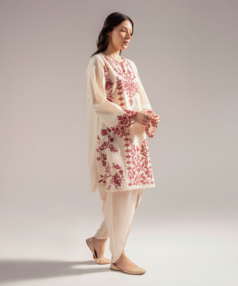 Women's RTW Self Jacquard Embroidered Straight Off White Shirt