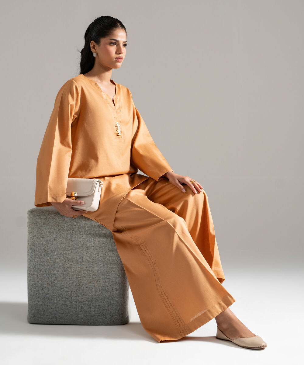 Women's RTW Cotton Linen Solid Orange 2 Piece Suit
