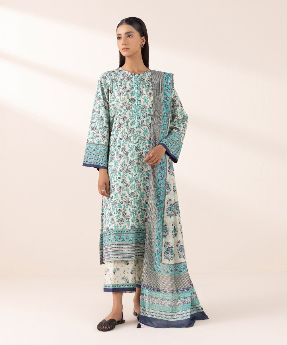 Women's Pret Yarn Dyed Blue Printed A-Line Shirt