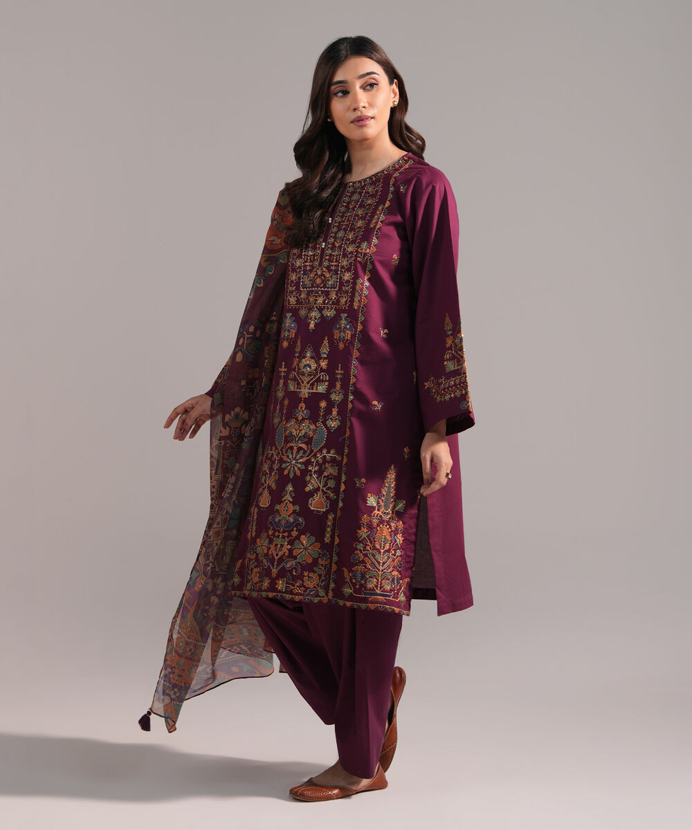 Women's RTW Lawn Embroidered Purple 3 Piece Suit