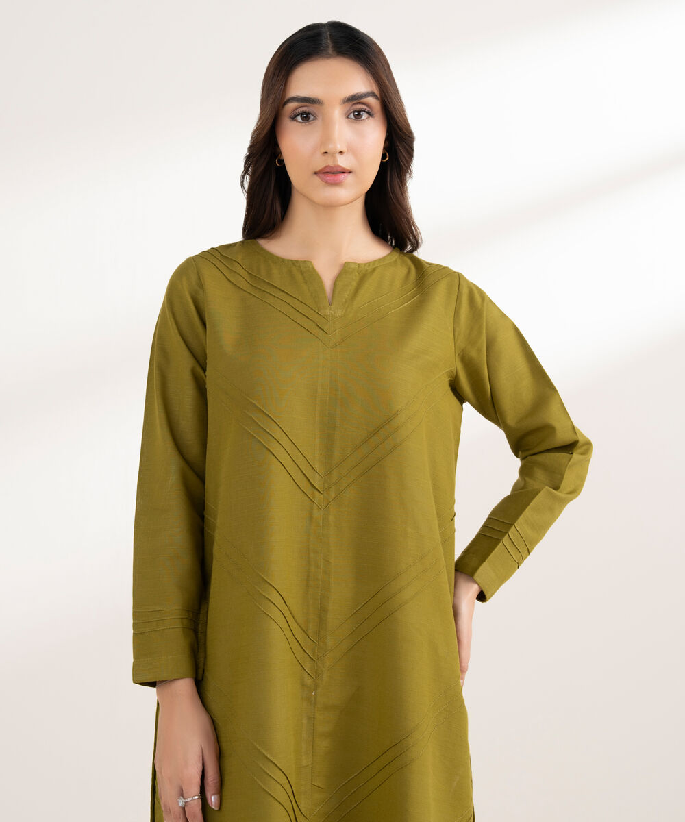 Women's RTW Khaddar Solid Straight Green Shirt
