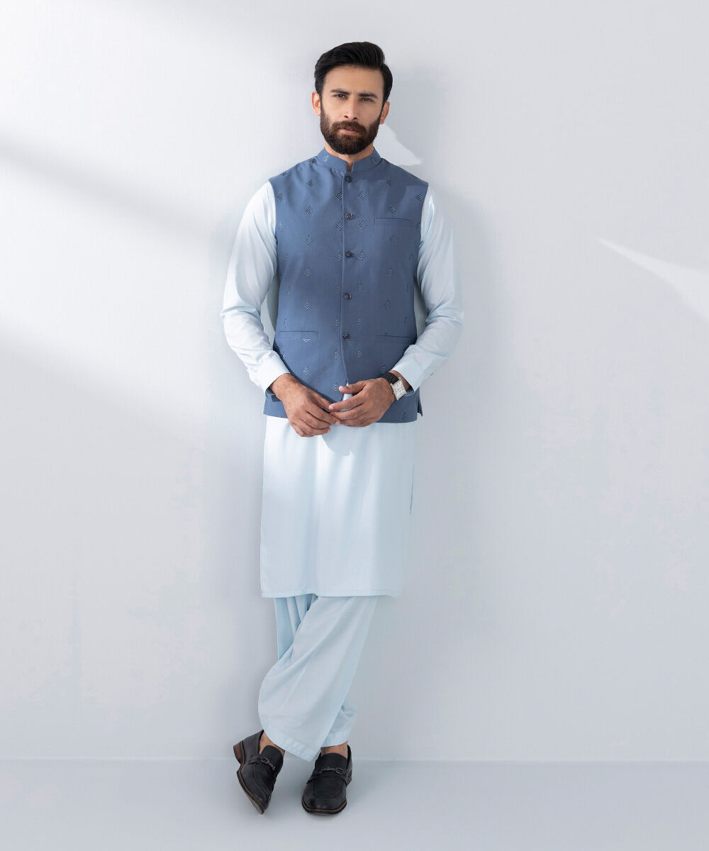 Men's Stitched Blue Blended Waistcoat
