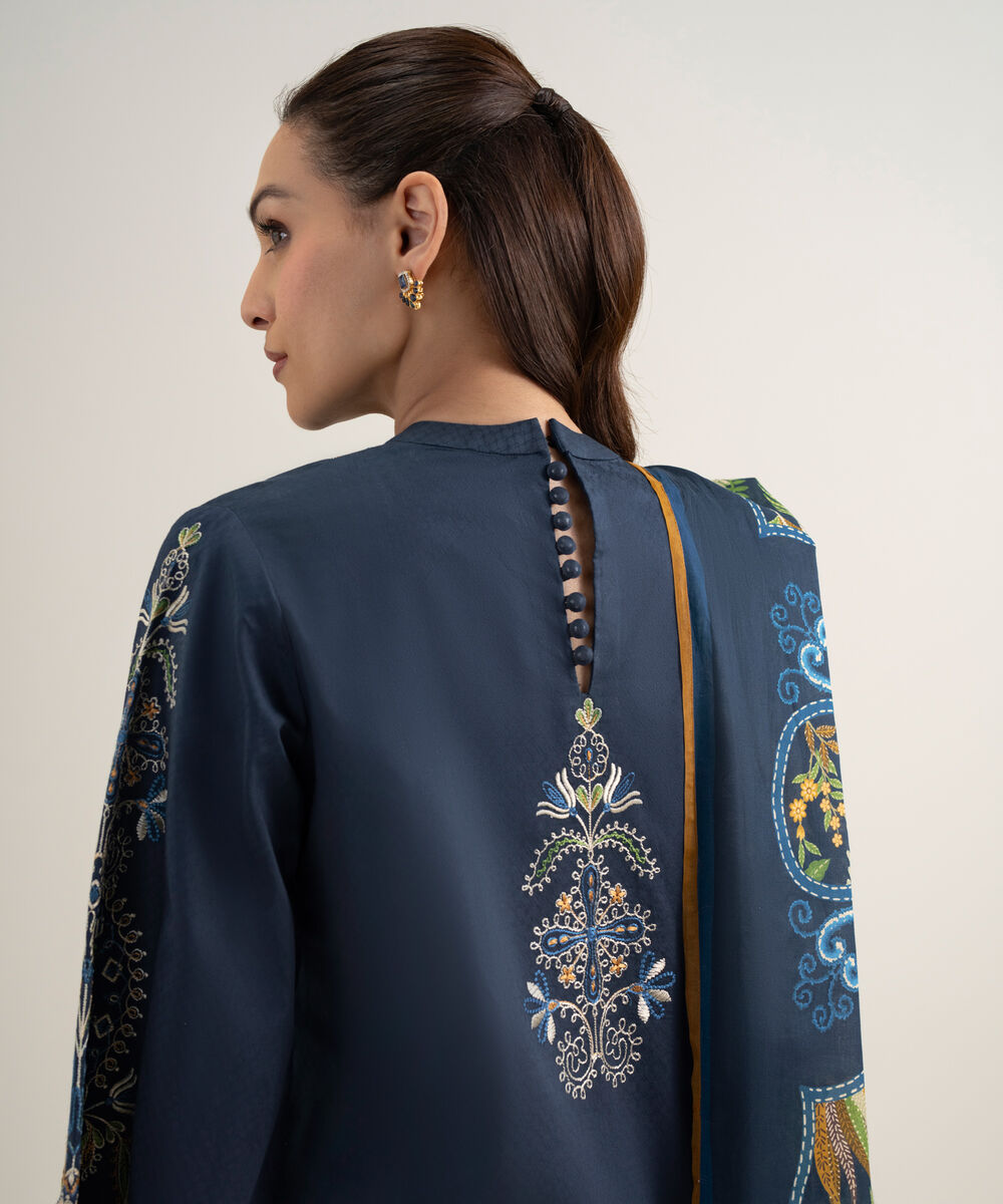 Women's Unstitched Dobby Embroidered Blue 3 Piece Suit