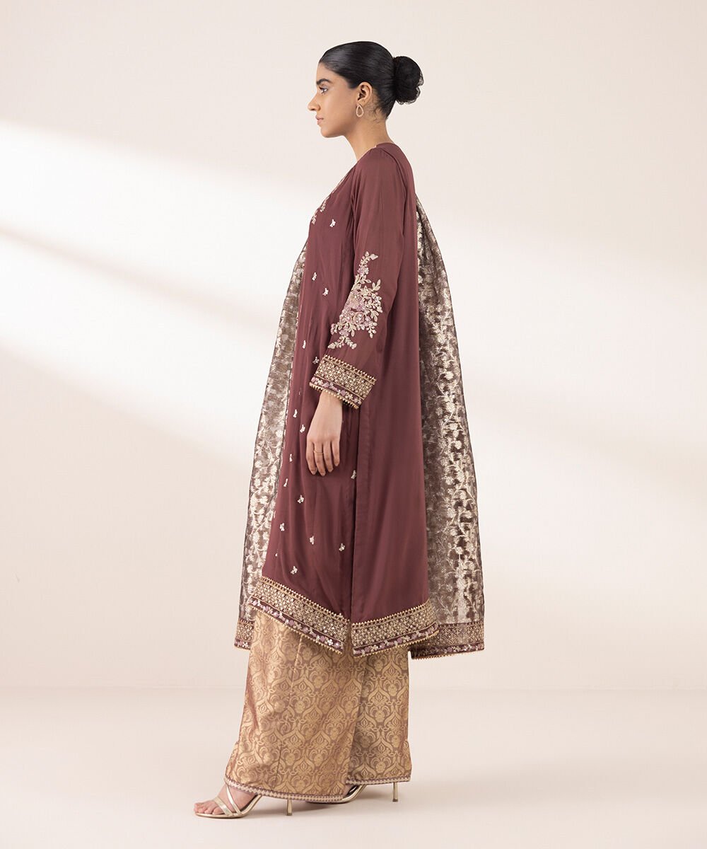 Women's RTW Georgette Chiffon Brown Embroidered Three Piece Suit