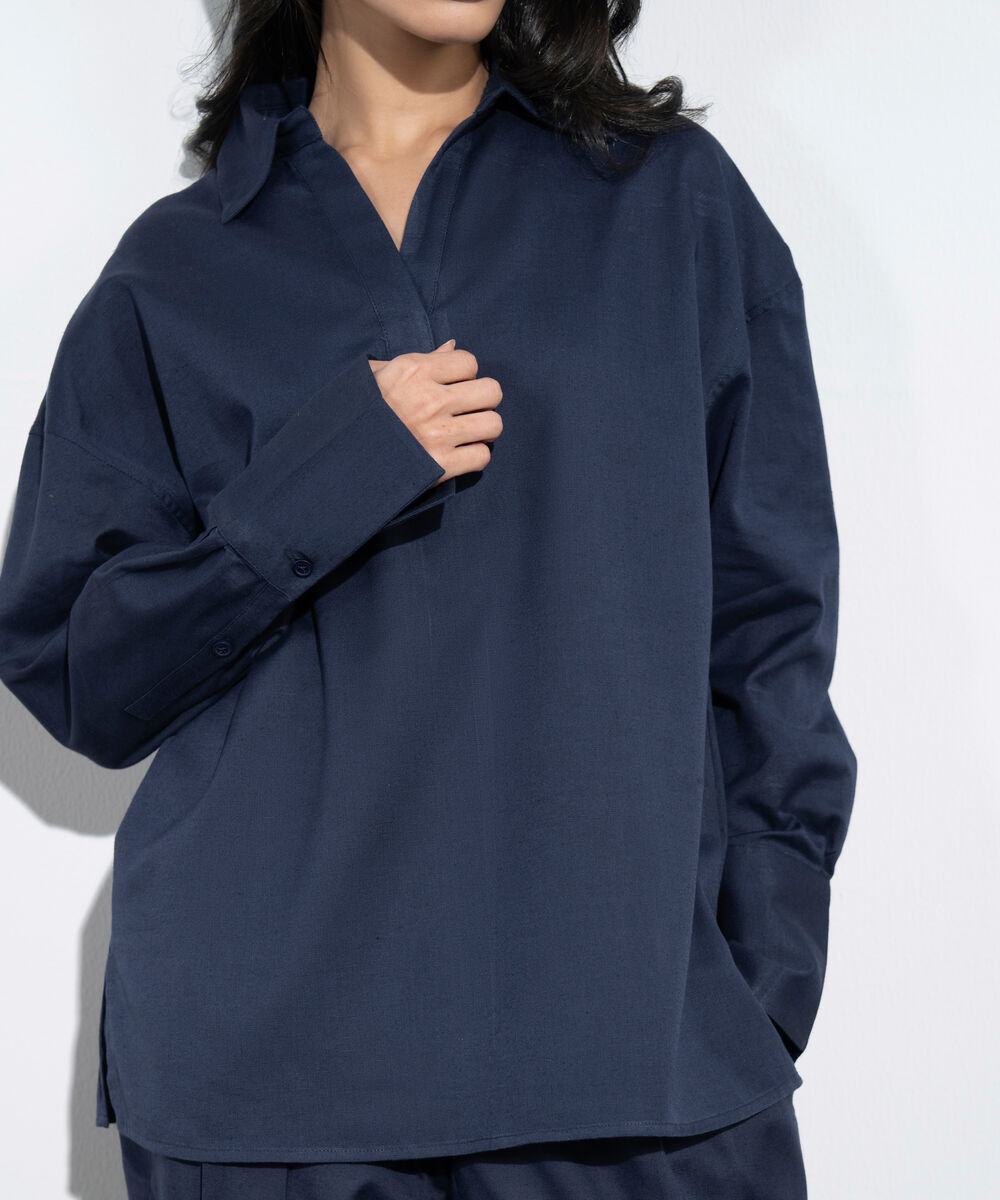 Women's Western Navy Loose-Fit Linen Blend Tunic