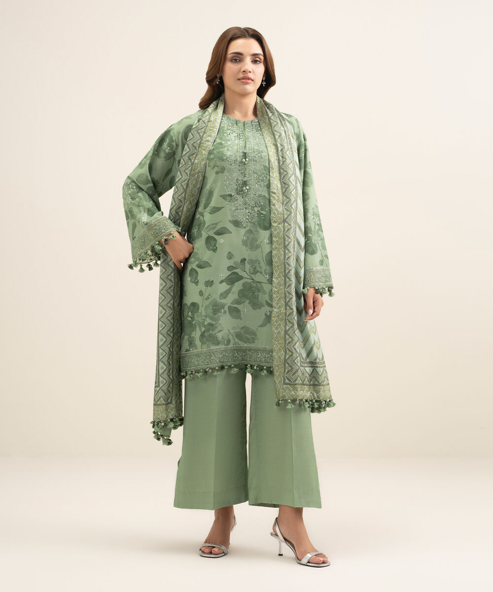 Women's Unstitched Textured Cotton Viscose Green Embroidered 3 Piece Suit