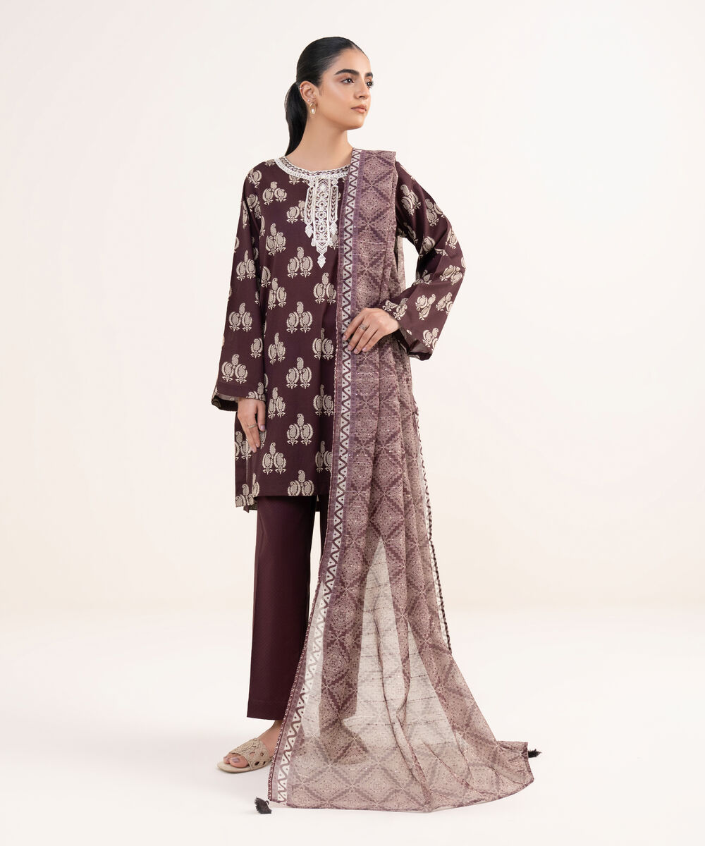 Women's RTW Textured Lawn Coral Embroidered A-Line Shirt