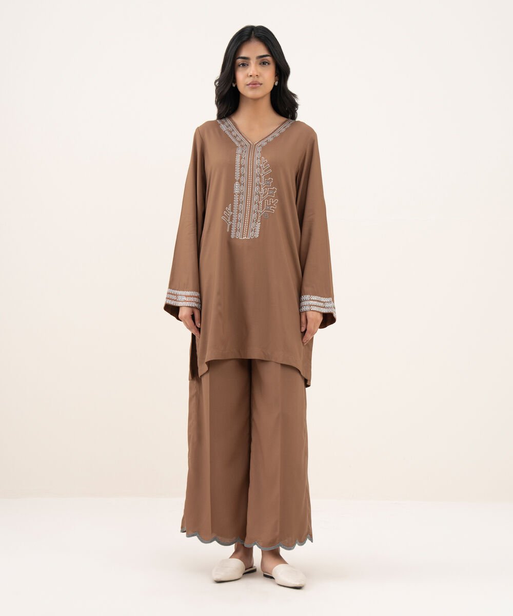 Women's RTW Khaddar Embroidered Straight Brown Shirt