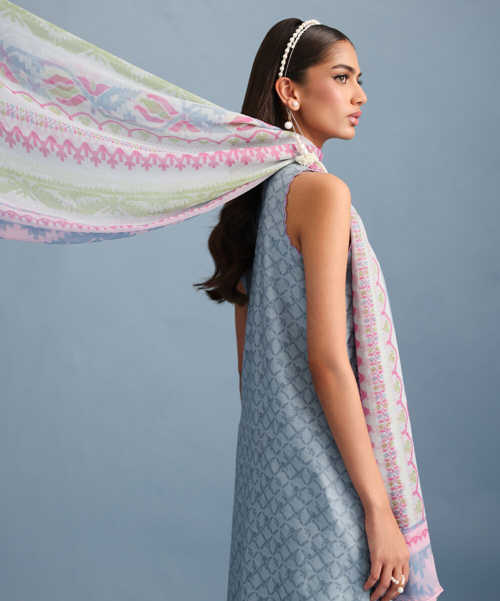 Women's Unstitched Jacquard Embroidered Blue Three Piece Suit