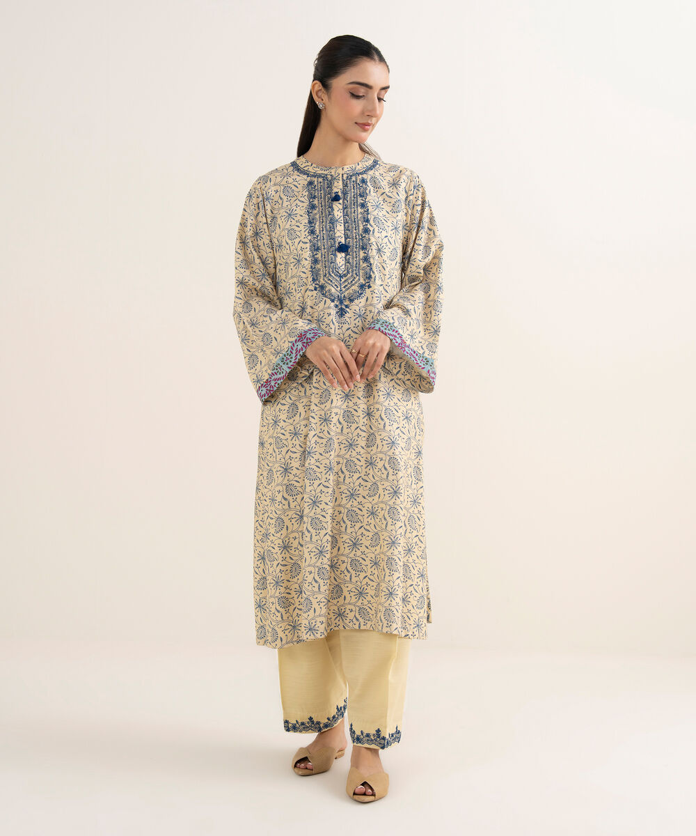 Women's RTW Herringbone Embroidered Cream White A-Line Shirt