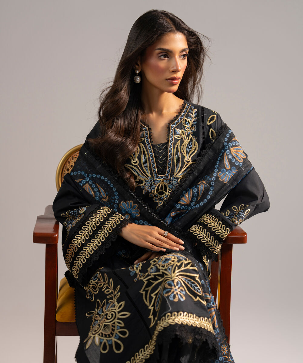 Women's RTW Lawn Embroidered Black 3 Piece Suit