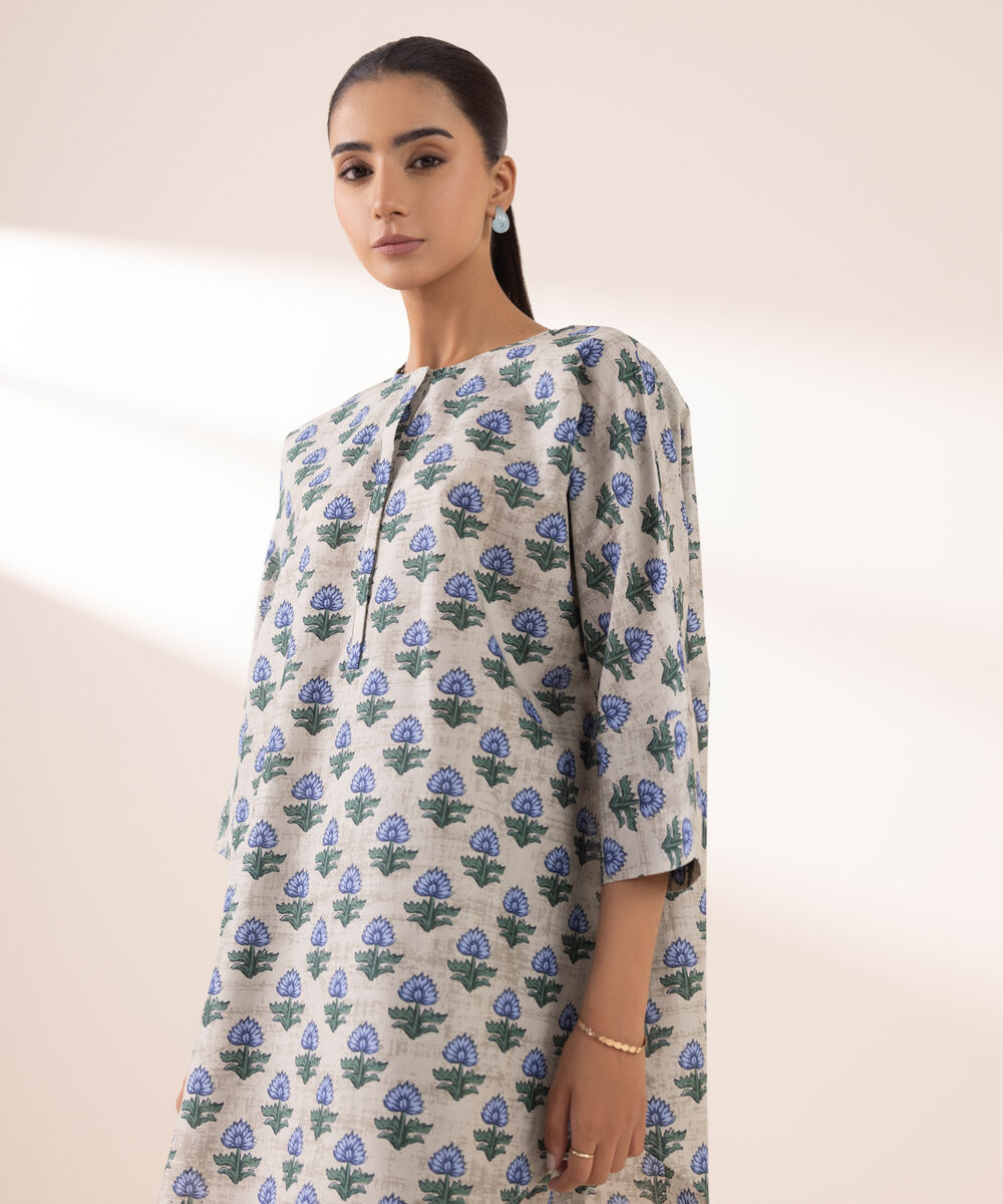 Women's RTW Lawn Grey Printed Boxy Shirt