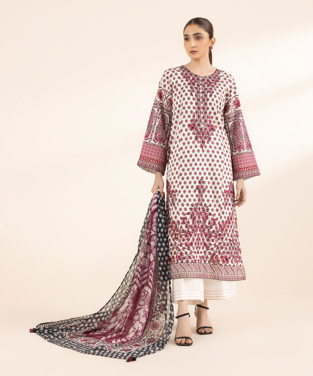 Women's RTW Cotton Satin Red Embroidered A-Line Shirt