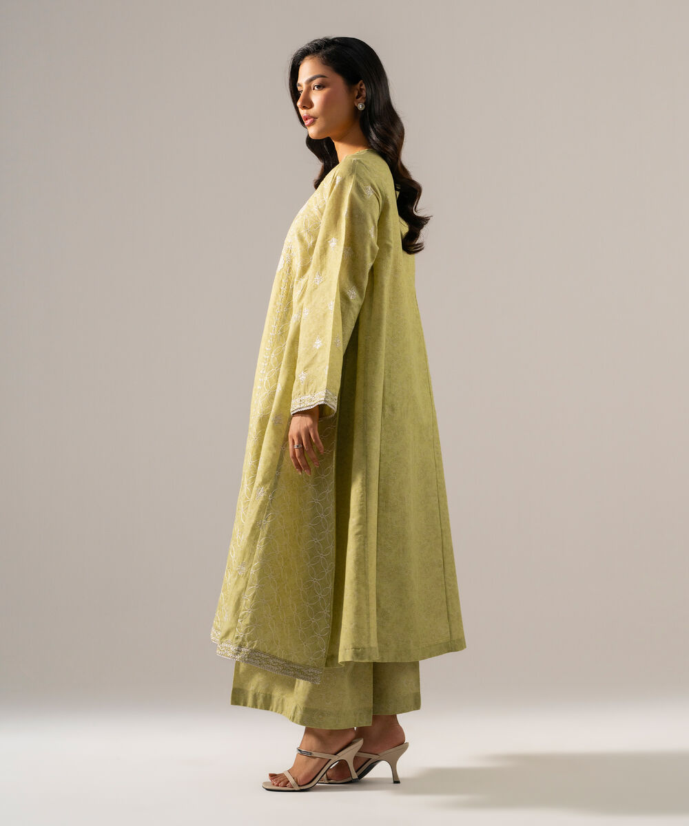 Women's RTW Fancy Cotton Printed Embroidered Green 2 Piece Suit