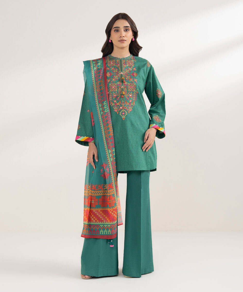 Women's Unstitched Cotton Embroidered Green 3 Piece Suit