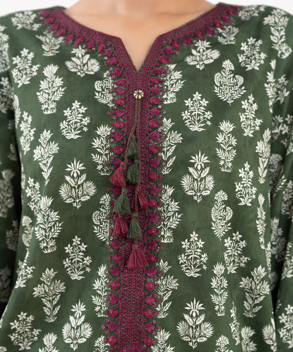 Women's RTW Lawn Viscose Green Embroidered A-Line Shirt