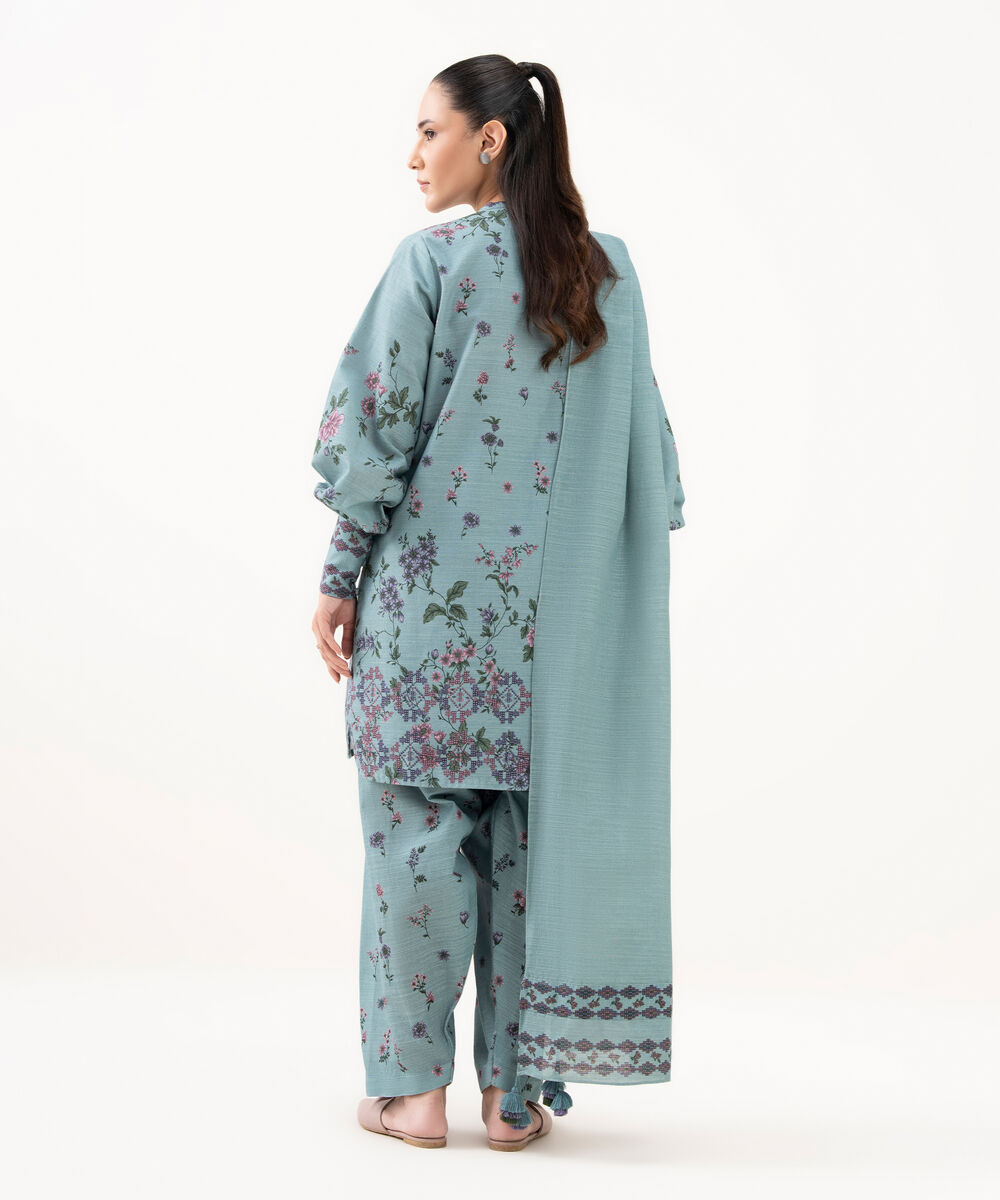 Women's Unstitched Cotton Printed Blue 3 Piece Suit